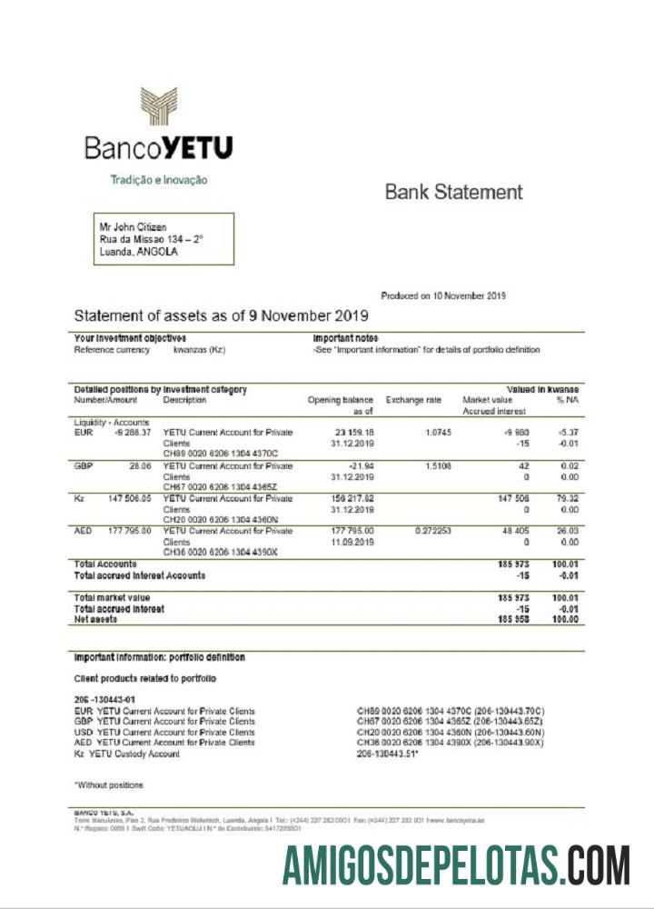 Angola Banco Yetu modelo de extrato bancário